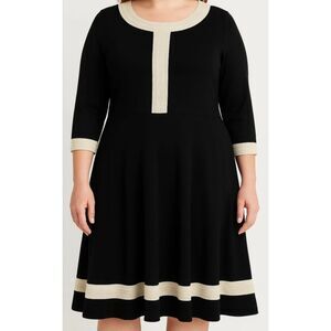 Talbots Woman 1X Black Dress Cream Trim Fit Flare Knit Midi 3/4 Sleeve